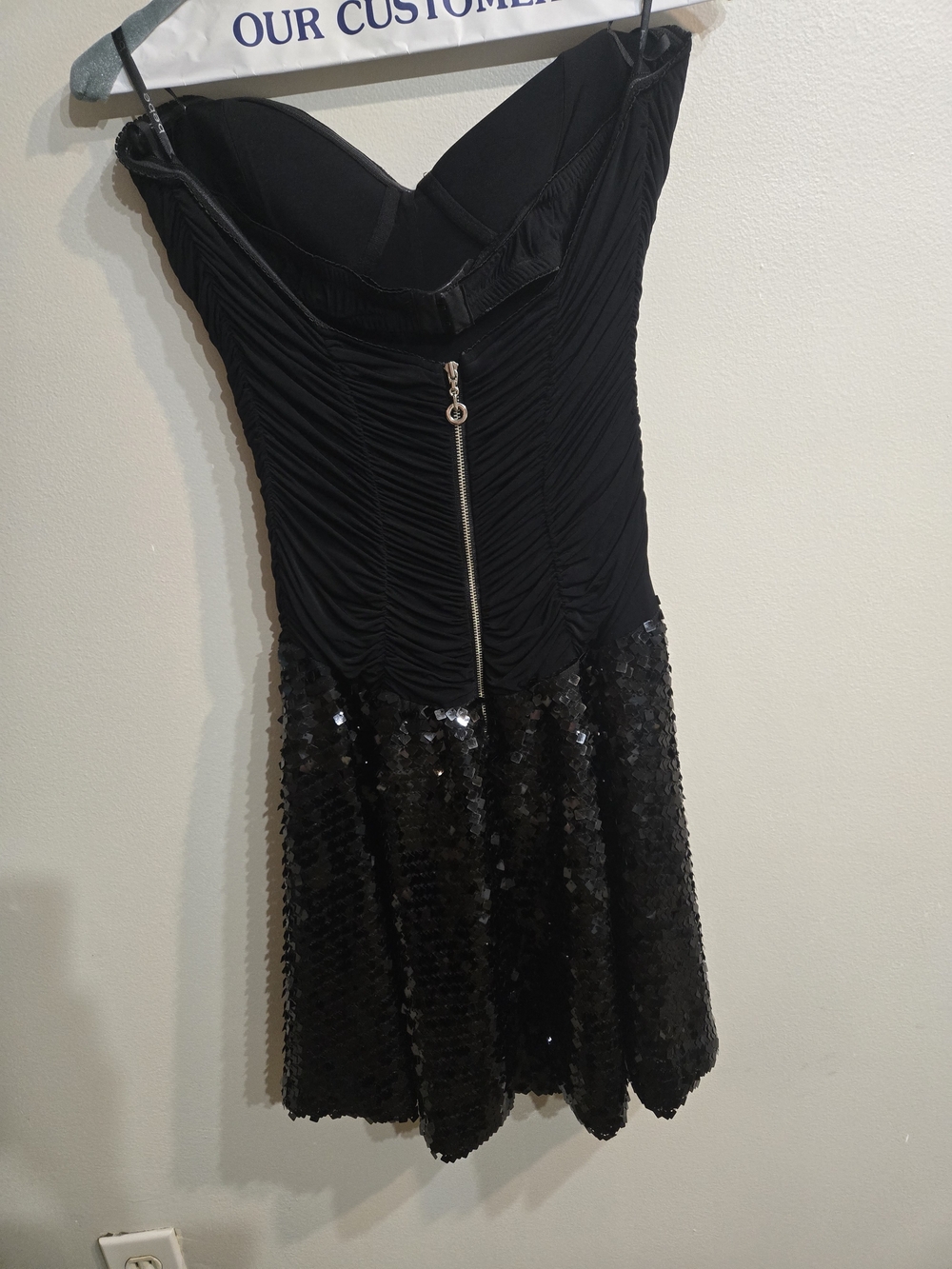 Bebe Black Strapless Ruched Bodice Sequin Skirt Dress Sz Medium - Picture 3 of 8